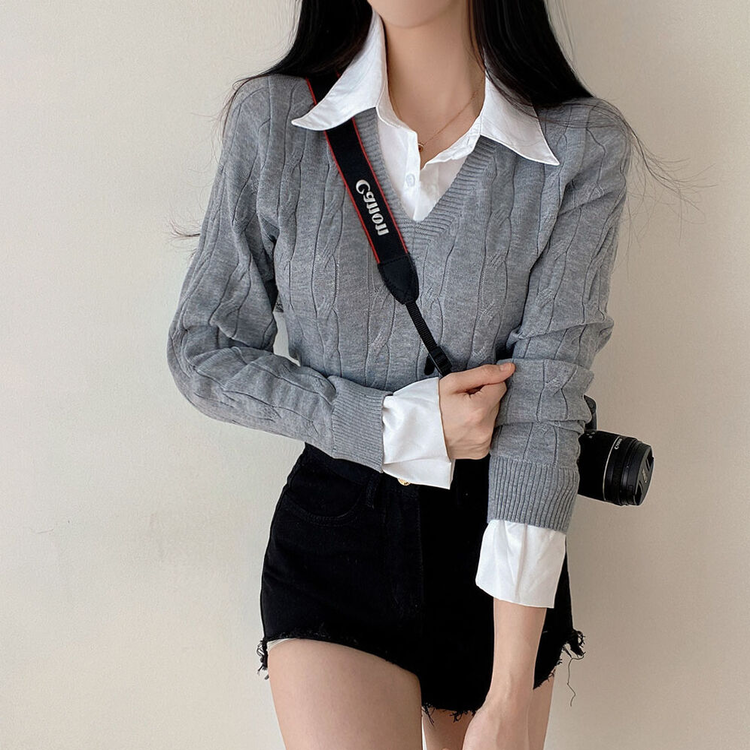 ケーブルVネックシャツレイヤードニット｜ニット｜韓国ファッション