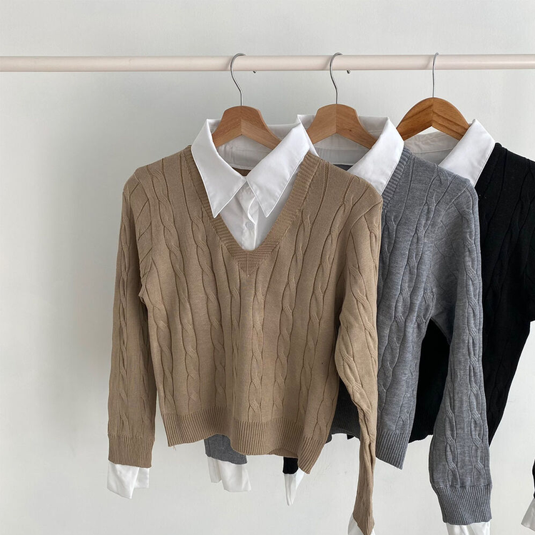 ケーブルVネックシャツレイヤードニット｜ニット｜韓国ファッション