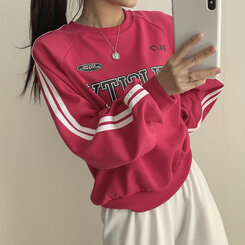 英文プリントストライプラウンドトレーナー｜スウェット｜韓国