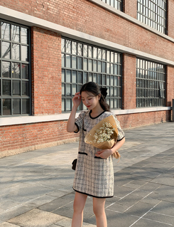 ツイード半袖ミニワンピース｜ミニワンピース｜韓国ファッション