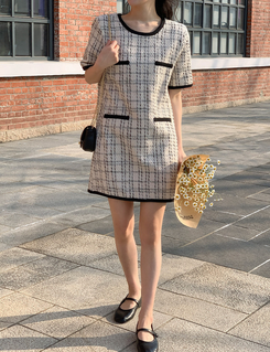 ツイード半袖ミニワンピース|ミニワンピース|韓国ファッション ツイード半袖ミニワンピース|ミニワンピース|韓国ファッション