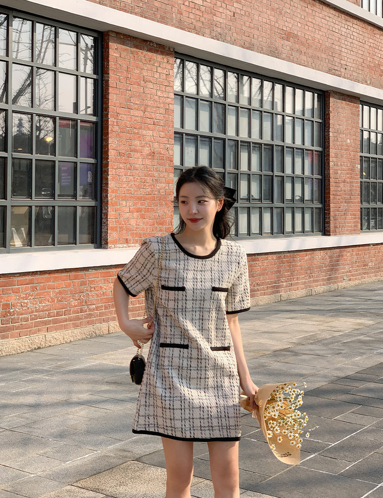 ワンピース レトロ ツイード ポケット ミニ 韓国 ツイード半袖ミニワンピース｜ミニワンピース｜韓国ファッション