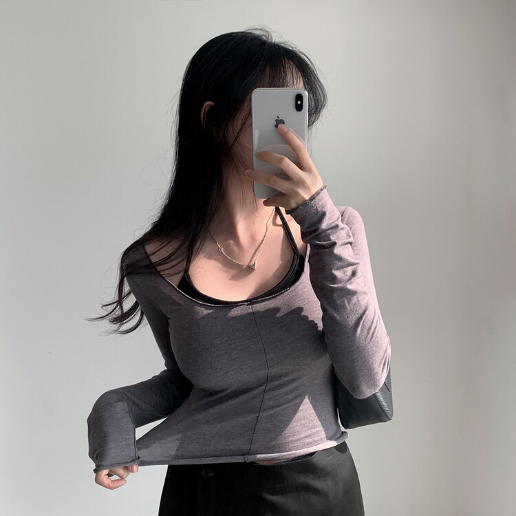 SET]ホルターブラトップ ウェーブオフショルダー長袖Tシャツ