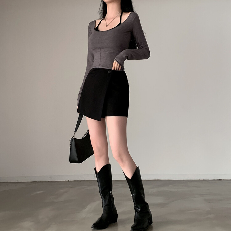 SET]ホルターブラトップ ウェーブオフショルダー長袖Tシャツ