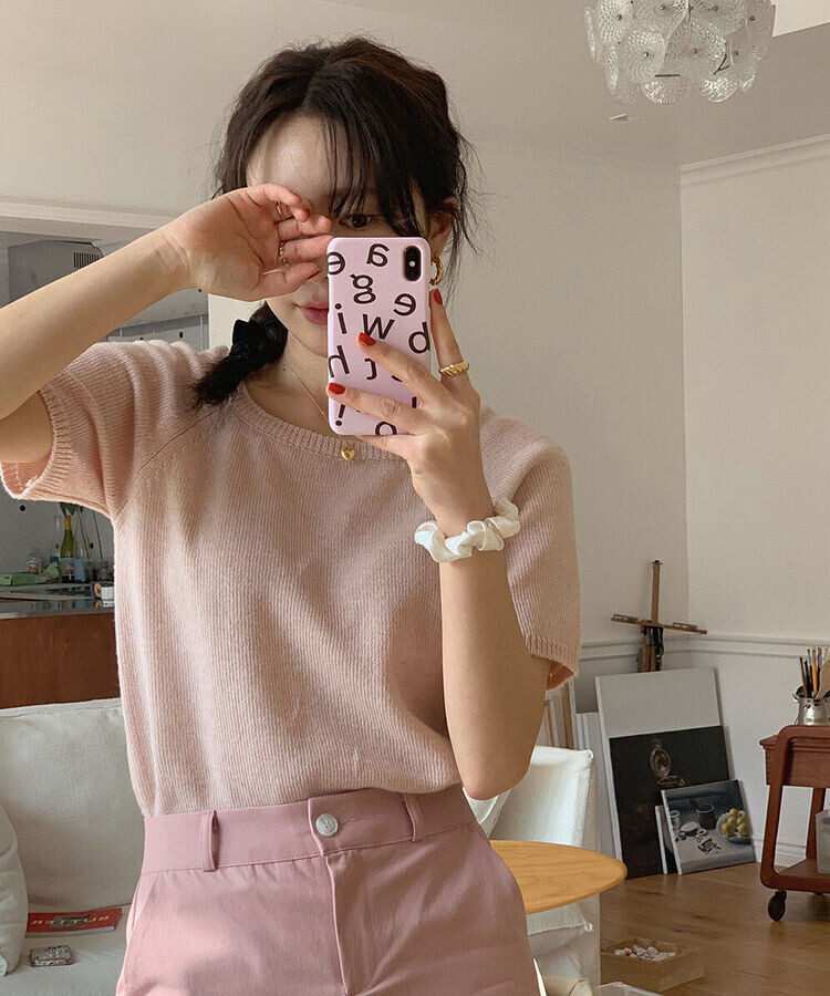 スクエアルーズフィット半袖ニット9色 Pink