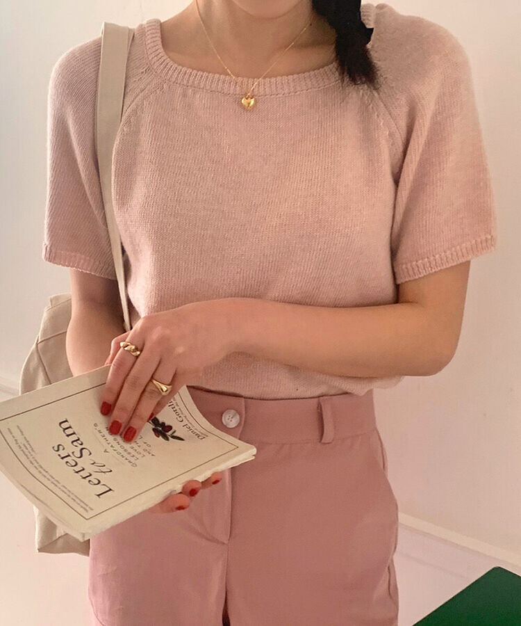 スクエアルーズフィット半袖ニット9色 Pink