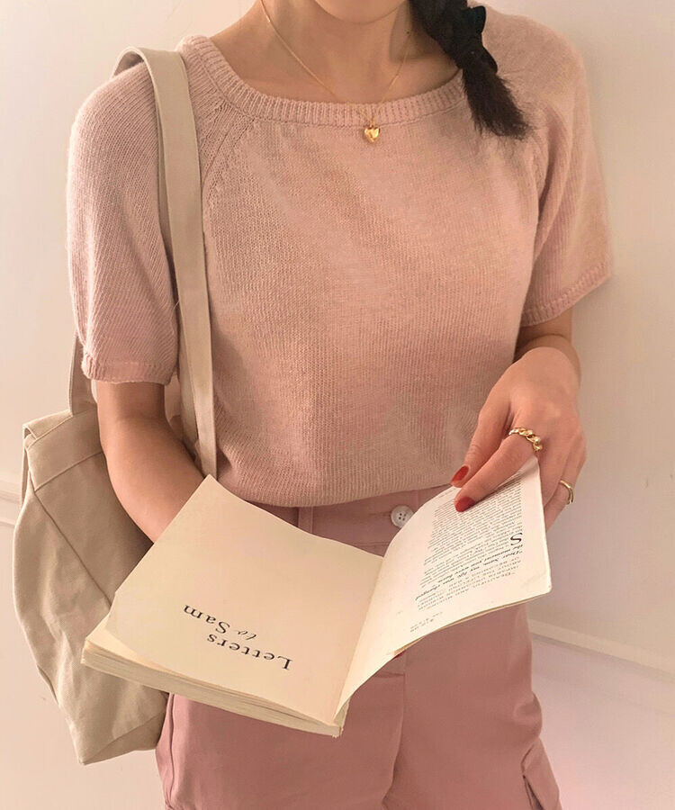 スクエアルーズフィット半袖ニット9色 Pink