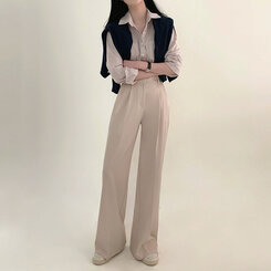 パンツ ハイウエストピンタックワイドスラックス BEIGE