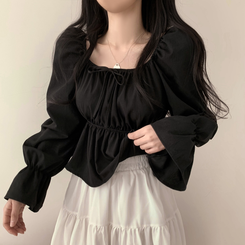 2WAYシャーリングフリルスクエアブラウス ブラック