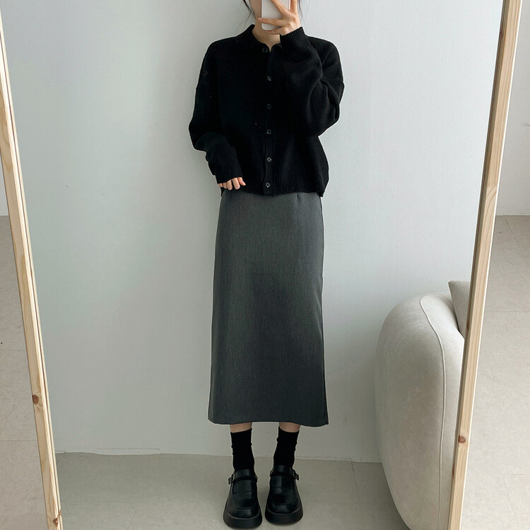 ベーシックピンタックAラインロングスカート チャコール