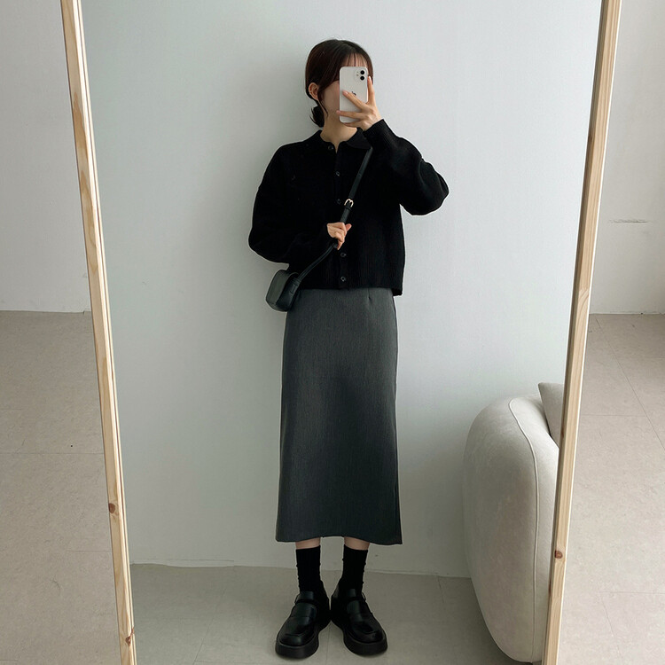 ベーシックピンタックAラインロングスカート チャコール