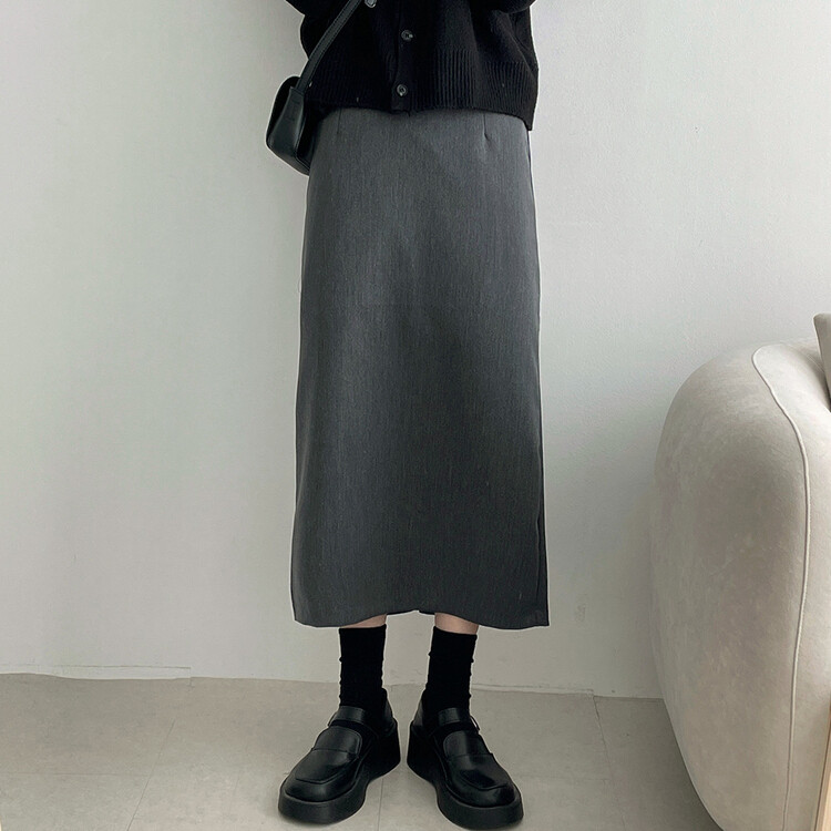 ベーシックピンタックAラインロングスカート チャコール