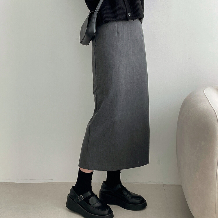 ベーシックピンタックAラインロングスカート チャコール