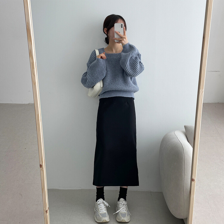 ベーシックピンタックAラインロングスカート ブラック