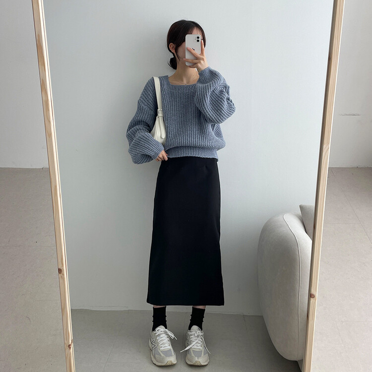 ベーシックピンタックAラインロングスカート ブラック