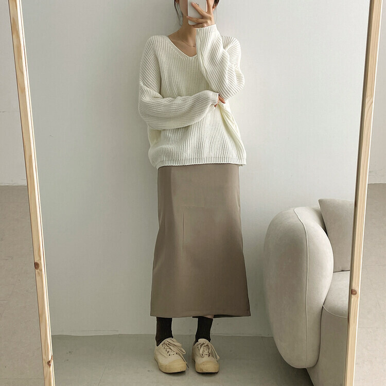 ベーシックピンタックAラインロングスカート ベージュ