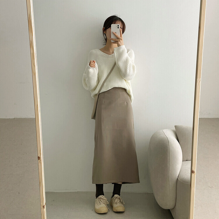 ベーシックピンタックAラインロングスカート ベージュ