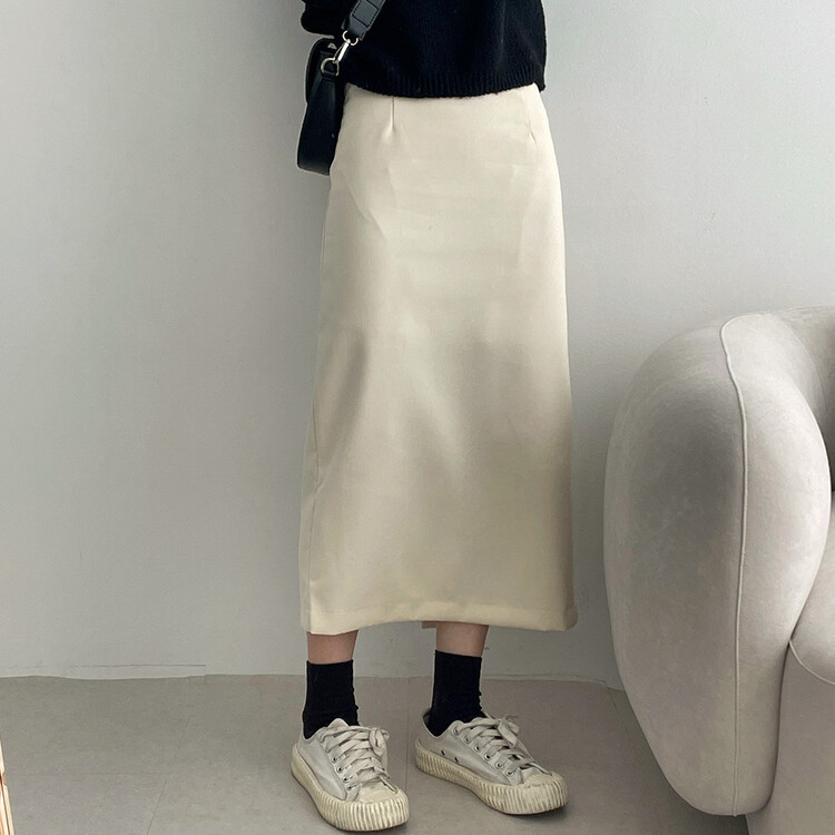 ベーシックピンタックAラインロングスカート クリーム