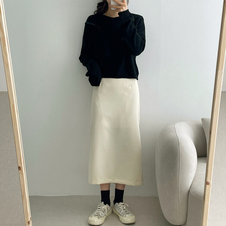 ベーシックピンタックAラインロングスカート クリーム