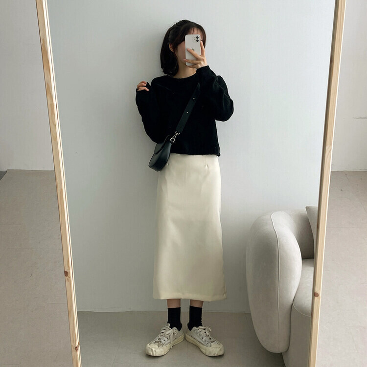 ベーシックピンタックAラインロングスカート クリーム