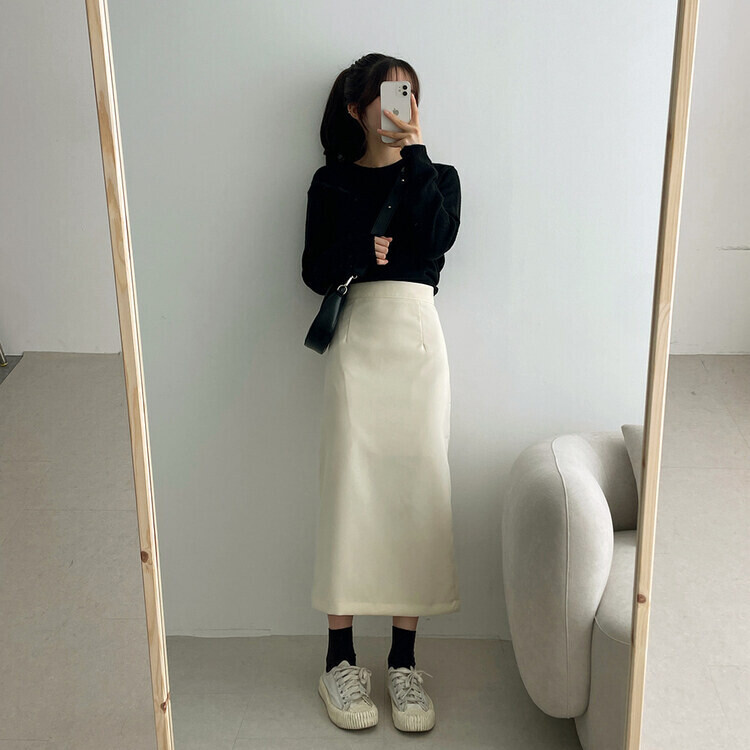 ベーシックピンタックAラインロングスカート クリーム