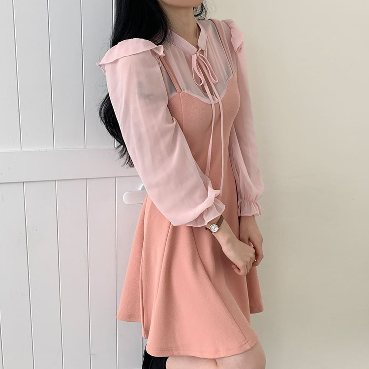 SOP15735 シフォンシースルーブラウスフレアミニワンピース ミニ