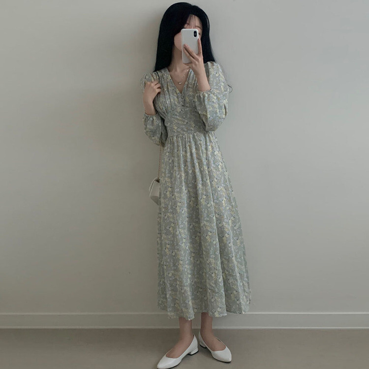 シフォンVネックフラワーロングワンピース スカイブルー