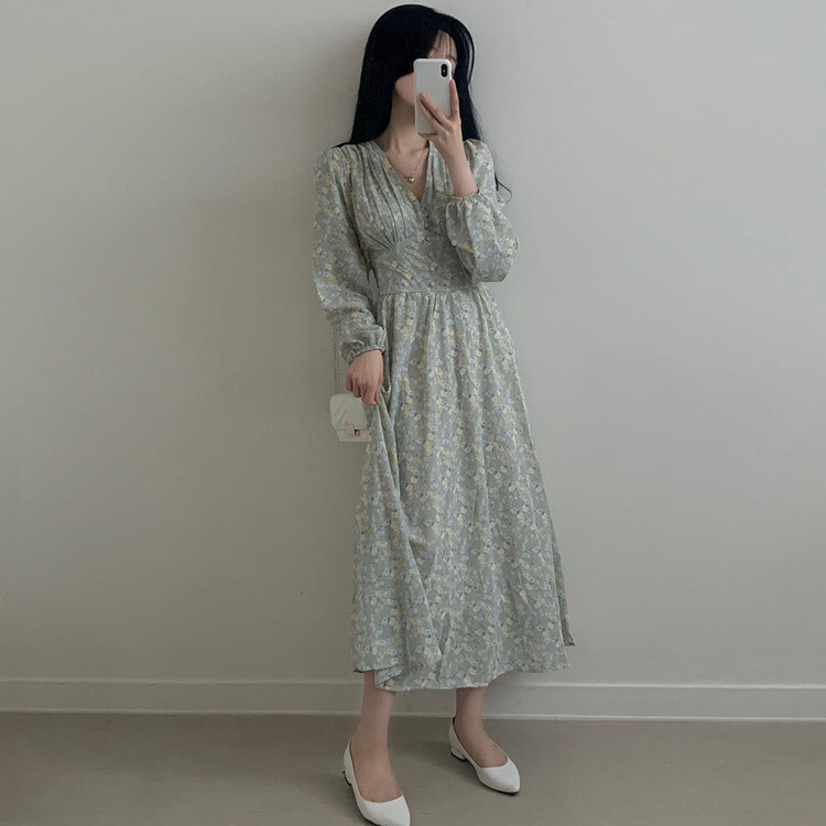 シフォンVネックフラワーロングワンピース スカイブルー