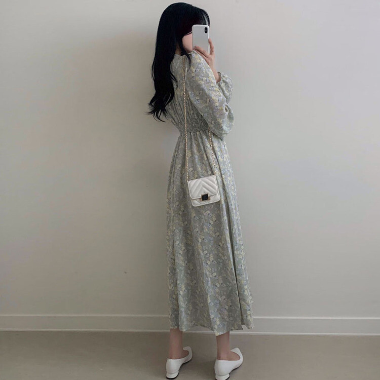 シフォンVネックフラワーロングワンピース スカイブルー