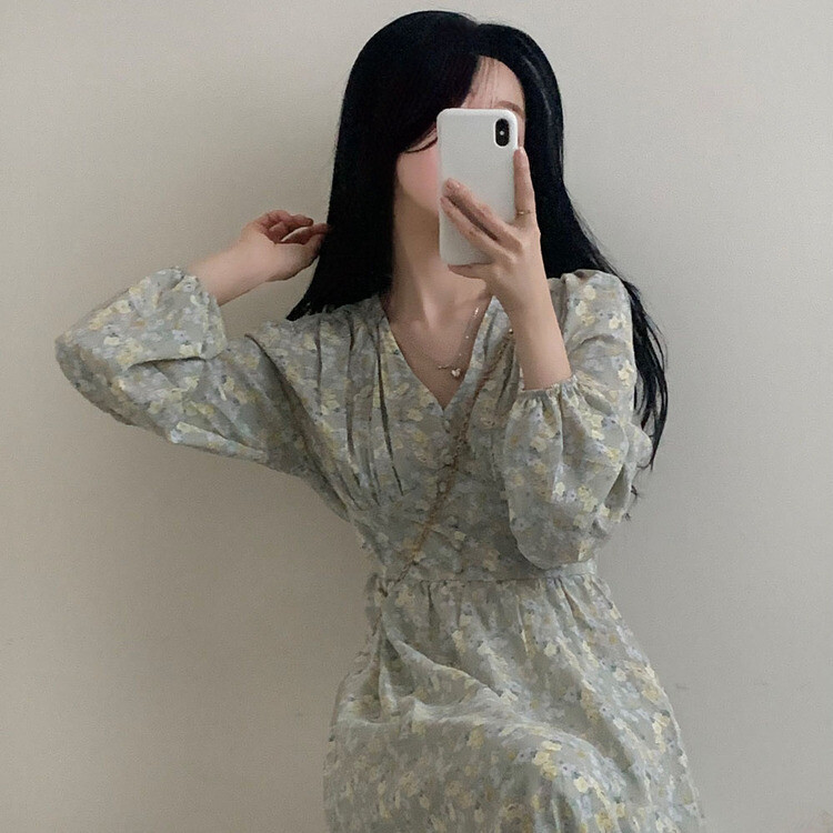 シフォンVネックフラワーロングワンピース スカイブルー