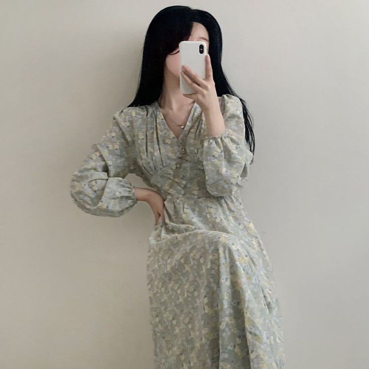 シフォンVネックフラワーロングワンピース スカイブルー