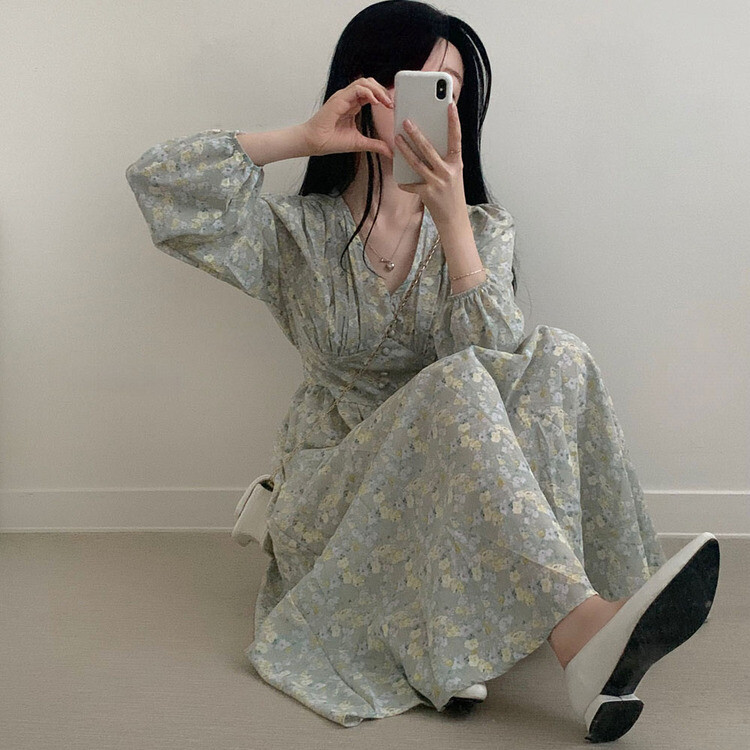 シフォンVネックフラワーロングワンピース スカイブルー