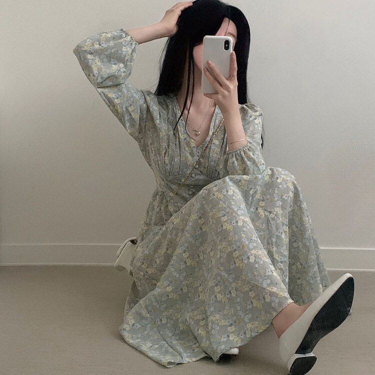 シフォンVネックフラワーロングワンピース スカイブルー