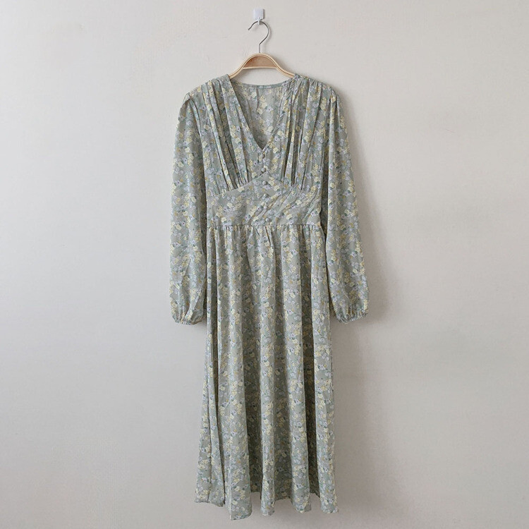 シフォンVネックフラワーロングワンピース