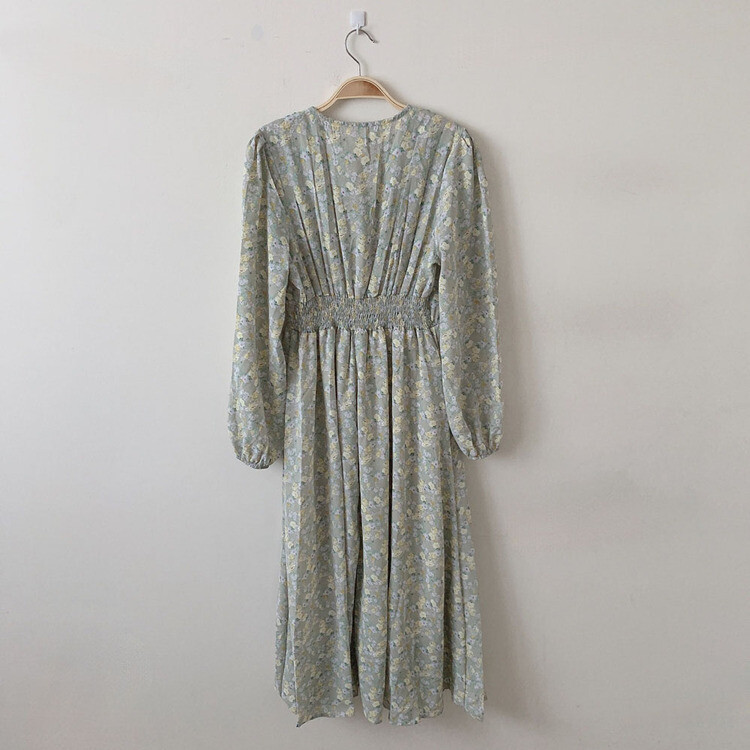 シフォンVネックフラワーロングワンピース