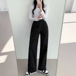 ベーシックストレートワイドパンツ5色(SHORT/BASIC/LONG) BLACK(S)