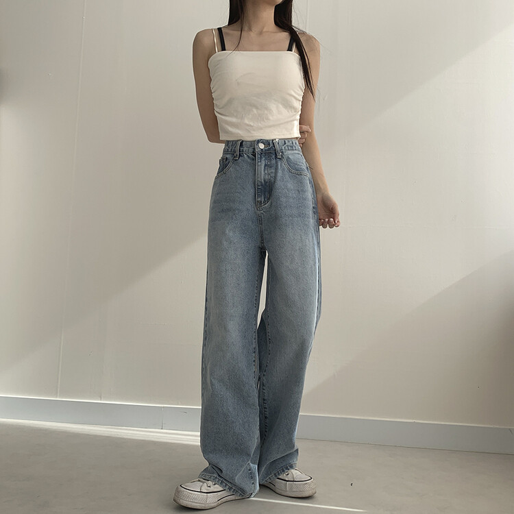 ハイウエストルーズフィットデニムパンツ5色(SHORT/BASIC/LONG) ライトブルー