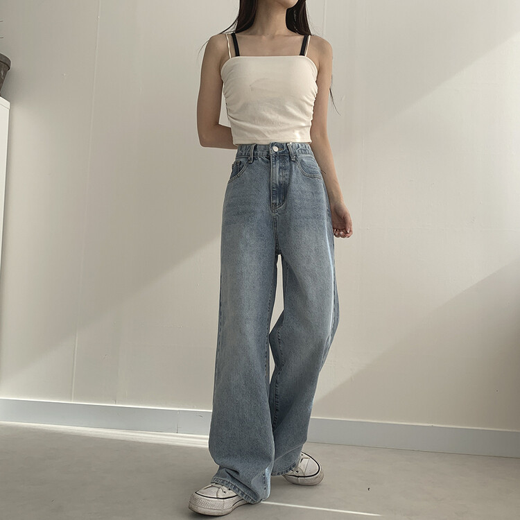 ハイウエストルーズフィットデニムパンツ5色(SHORT/BASIC/LONG) ライトブルー