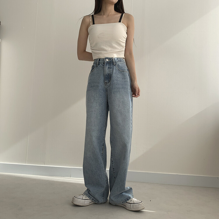 ハイウエストルーズフィットデニムパンツ5色(SHORT/BASIC/LONG) ライトブルー