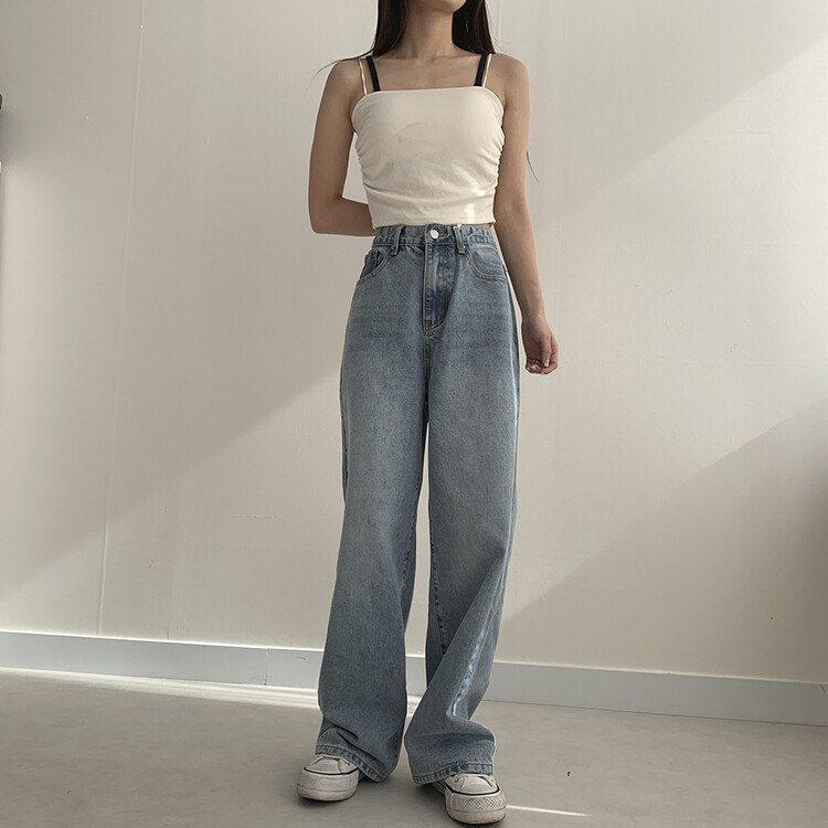 ハイウエストルーズフィットデニムパンツ5色(SHORT/BASIC/LONG) ライトブルー