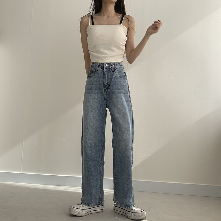 ハイウエストルーズフィットデニムパンツ5色(SHORT/BASIC/LONG) ライトブルー