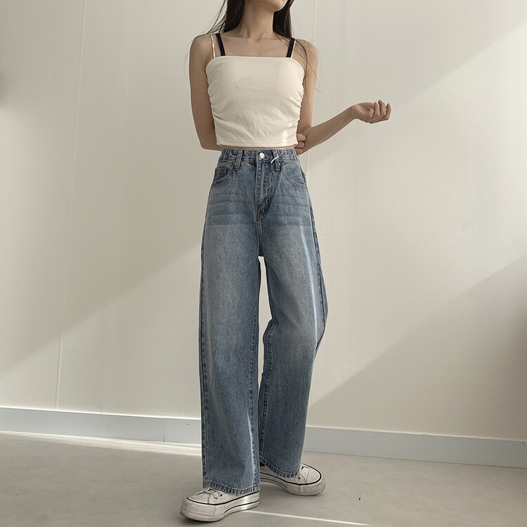 ハイウエストルーズフィットデニムパンツ5色(SHORT/BASIC/LONG) ライトブルー