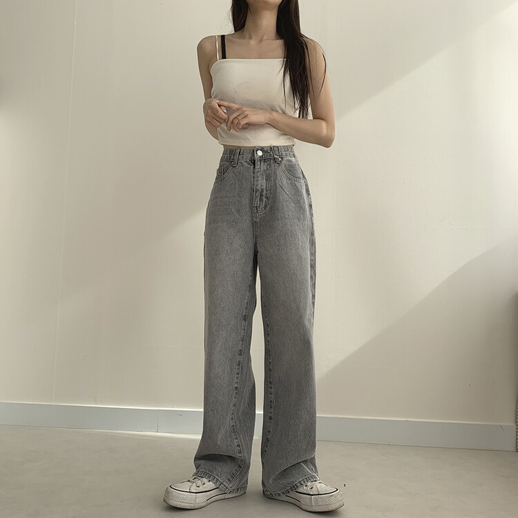 ハイウエストルーズフィットデニムパンツ5色(SHORT/BASIC/LONG) グレー