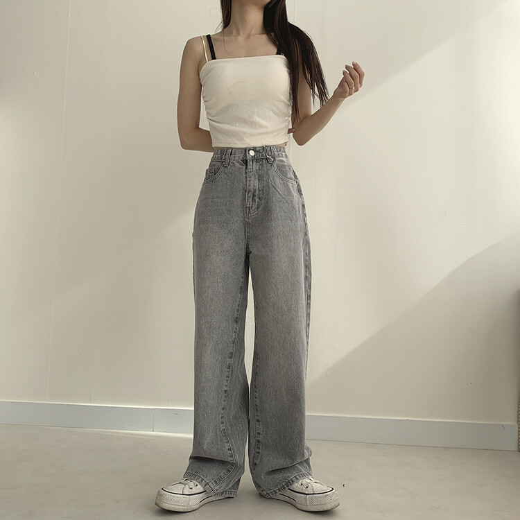 ハイウエストルーズフィットデニムパンツ5色(SHORT/BASIC/LONG) グレー