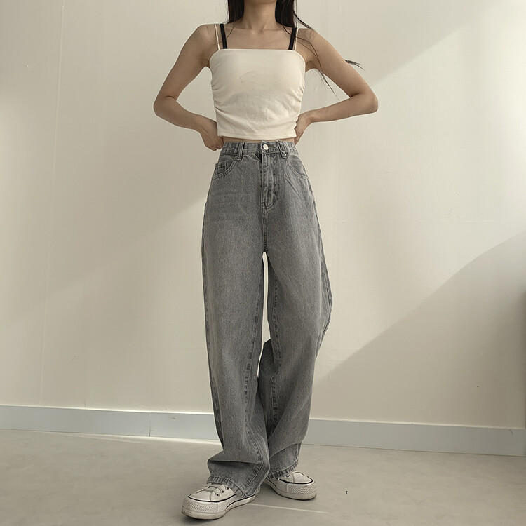 ハイウエストルーズフィットデニムパンツ5色(SHORT/BASIC/LONG) グレー