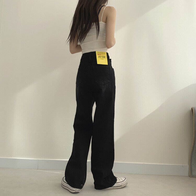 ハイウエストルーズフィットデニムパンツ5色(SHORT/BASIC/LONG) ブラック