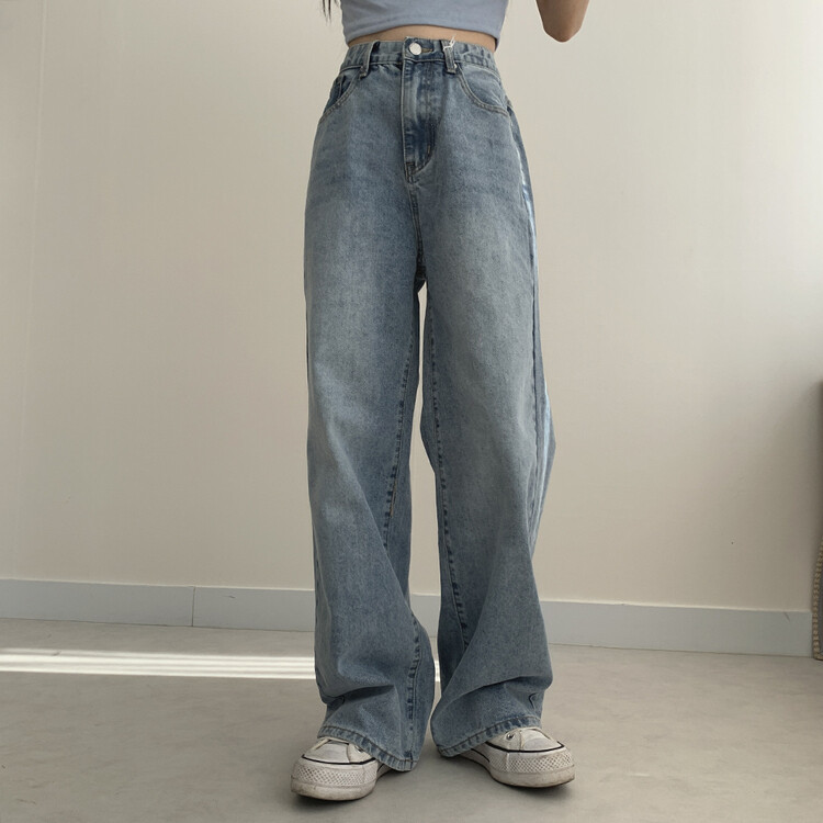 ハイウエストルーズフィットデニムパンツ5色(SHORT/BASIC/LONG) ブルー
