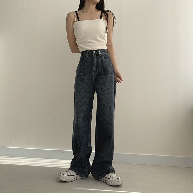 ハイウエストルーズフィットデニムパンツ5色(SHORT/BASIC/LONG) ダークブルー