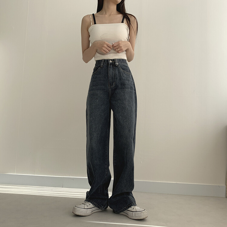 ハイウエストルーズフィットデニムパンツ5色(SHORT/BASIC/LONG) ダークブルー
