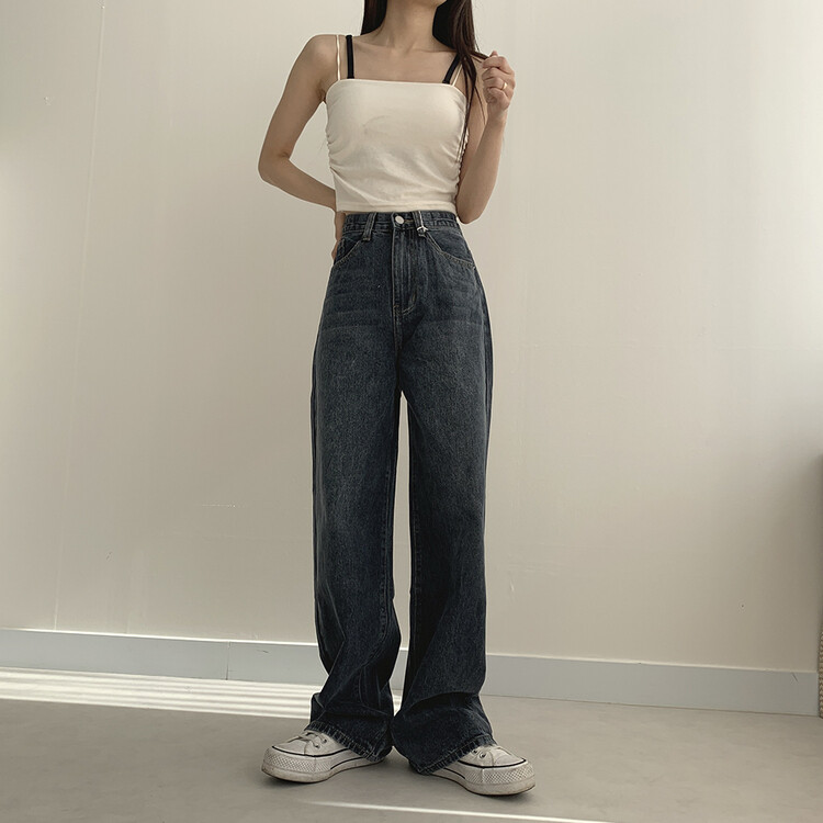 ハイウエストルーズフィットデニムパンツ5色(SHORT/BASIC/LONG) ダークブルー